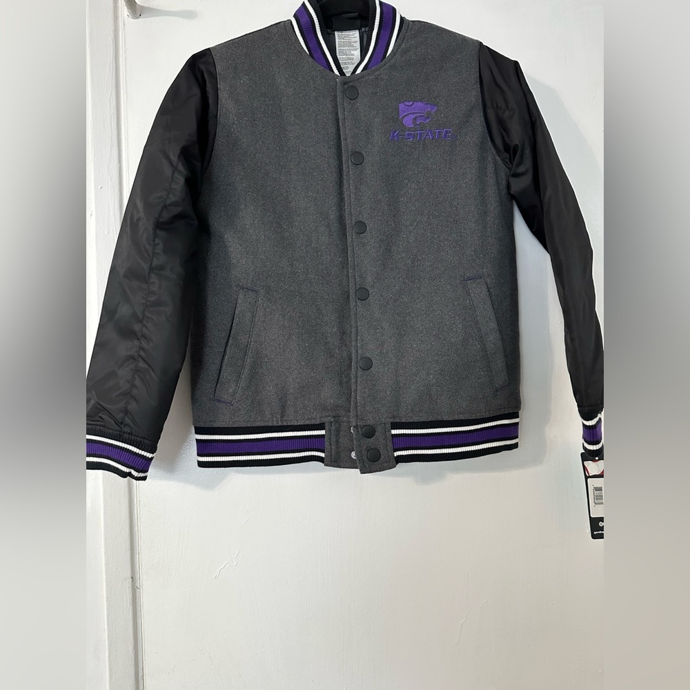 UNISEX GREY, BLACK, AND PURPLE KIDS K-STATE COLLEGE VARSITY JACKET (girl/boy)